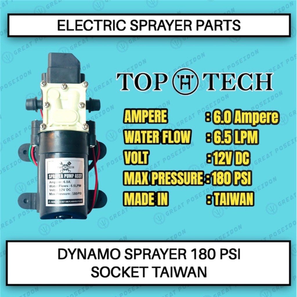 MAHAA.STORE Pompa DC 180PSI TOPTECH sprayer elektrik aki baterai dinamo tangki semprot hama HIU CBA 