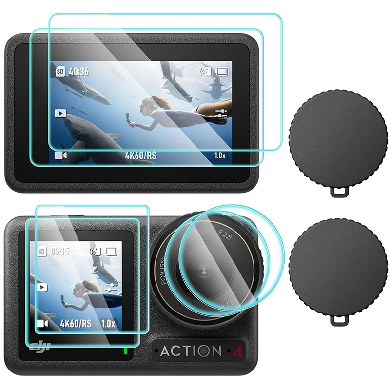 For DJI Osmo Action 4 9H Tempered Glass Film+Mini Carring Bag+Lens Protective Case+Windslayer Cover 