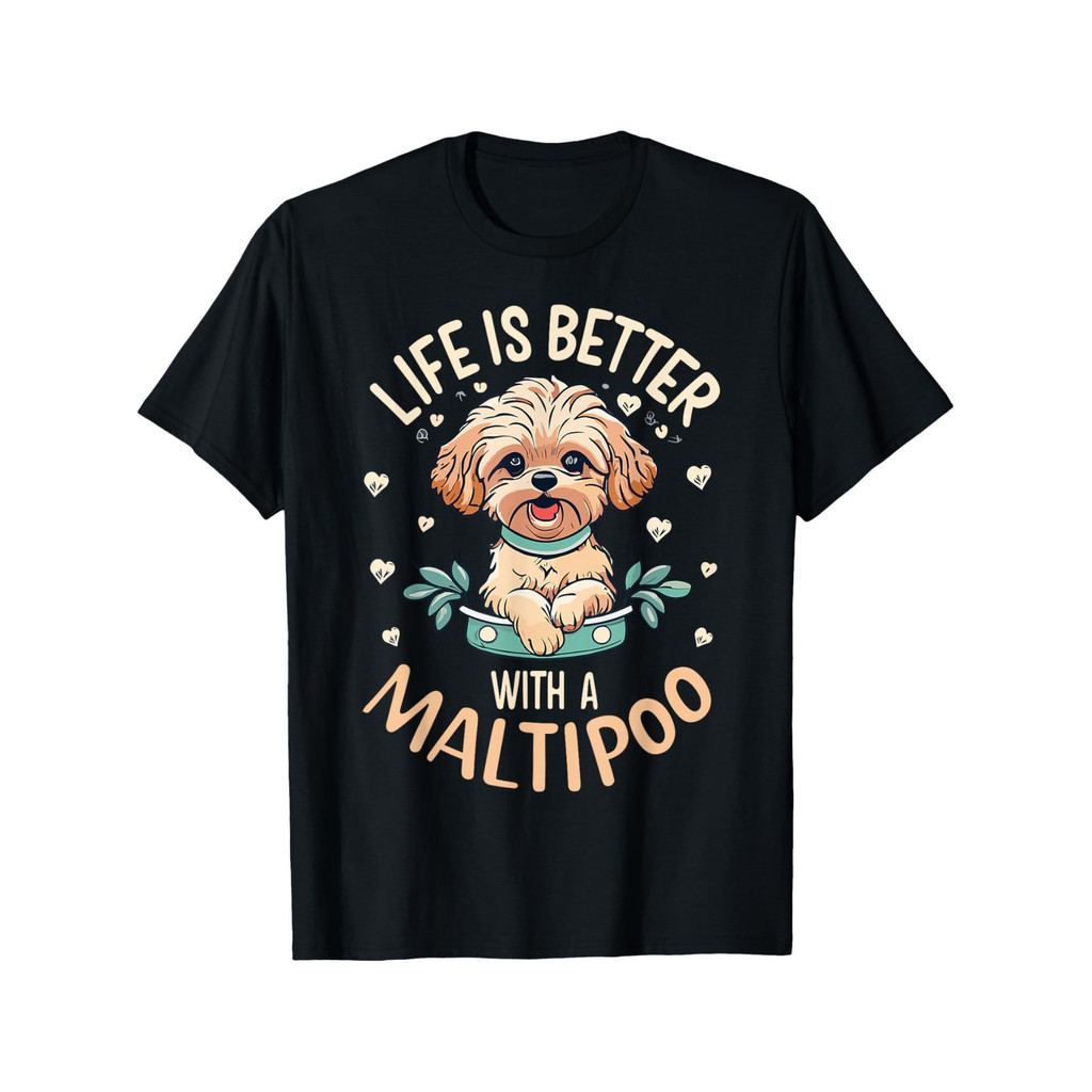 Kaos Pria Katun Santai, Anjing Maltipoo 'Hidup Lebih Baik Dengan Maltipoo', O-Neck - Plus Size