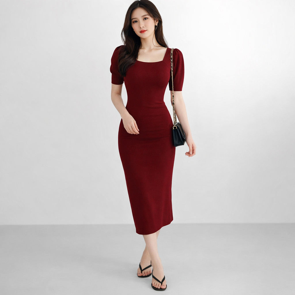 #4402 Dress Rajut Hitam Midi Bodycon Square Neck Puff Sleeve | Dress Casual Elegant Look