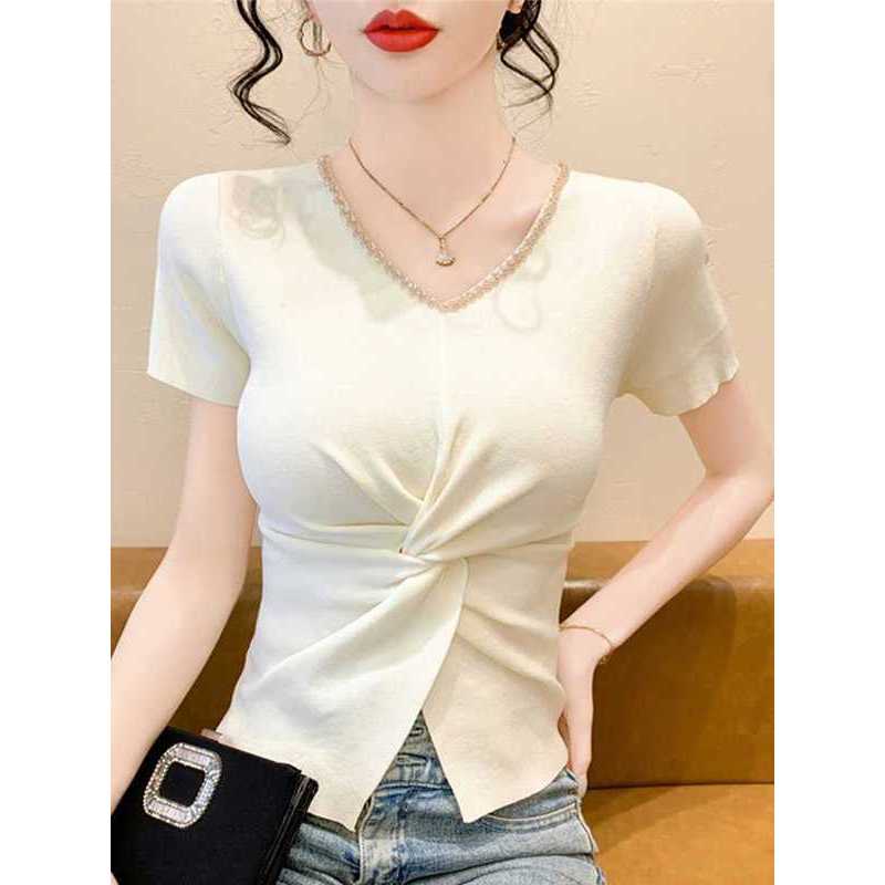 Heavy Beaded V-Neck Short Sleeve Knitted Top for Women, Summer New Style, Elegant Twist Slim Fit Ice