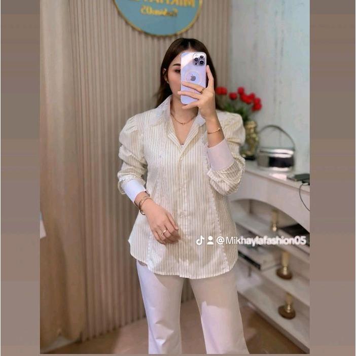 Kemeja Bloom Luna Kerah Renda Lengan Panjang untuk Wanita - Atasan - Biru, XL