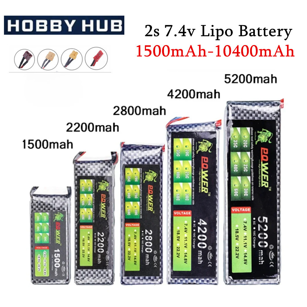 2S Lipo Battery 7.4v 1500mah 1800mah 2200mah 3000mah 4200mah 5200mah 6000mah 7200mah 10400mah JST/XT