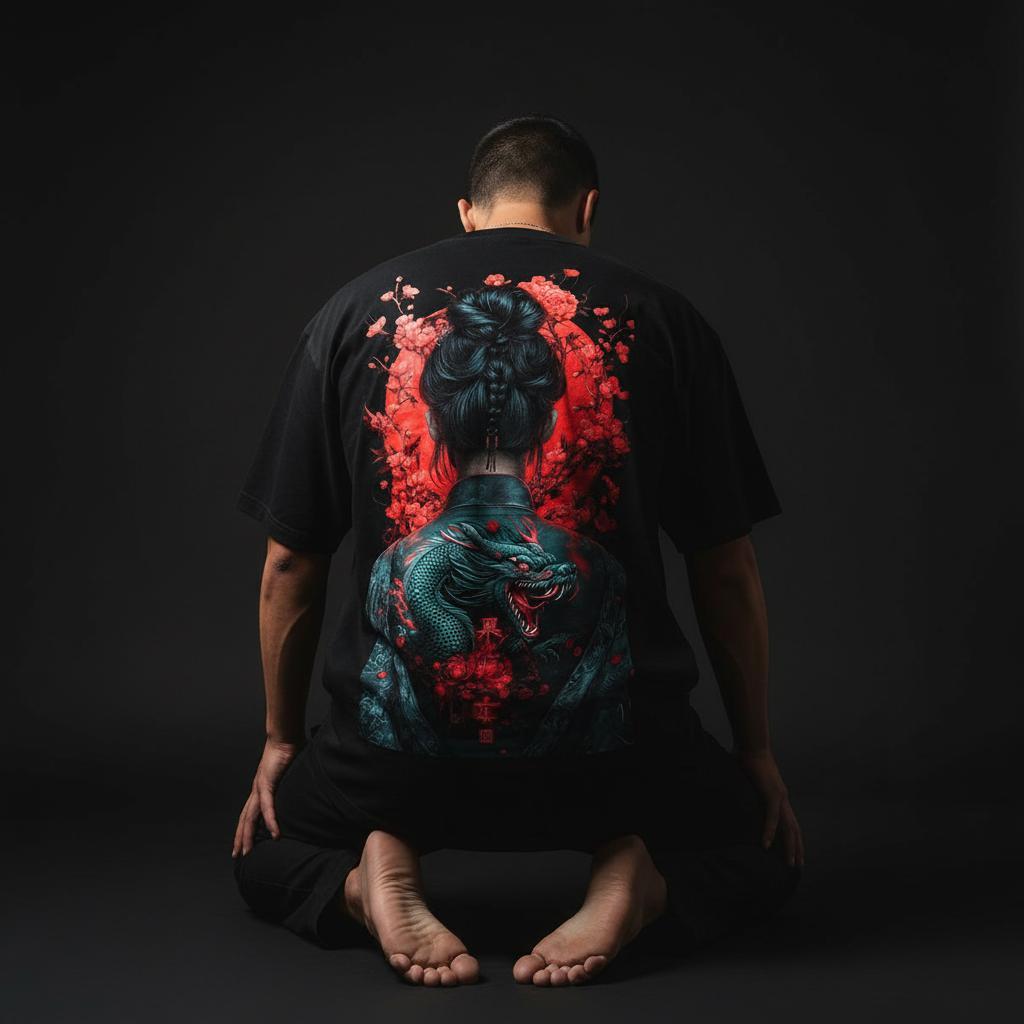 Kaos Oversize Dragon Geisha – T-Shirt Streetwear Jepang Hitam Premium Desain Naga Merah Biru