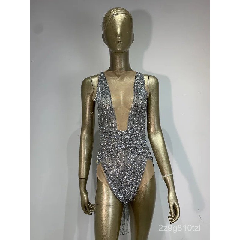 Women Sexy Mesh See Through Stretch Bodysuits Birthday Dancer Performance Costume Luxury Rhinestone 