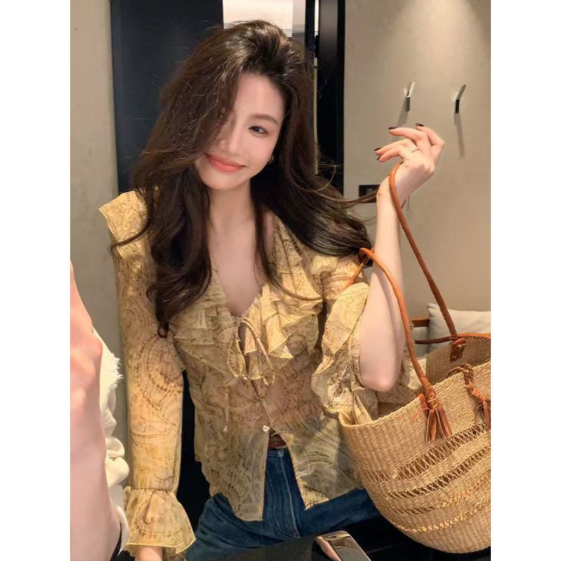 vintage semi-transparan lengan panjang dengan ruffle kerah VPrancis berenda Kemeja