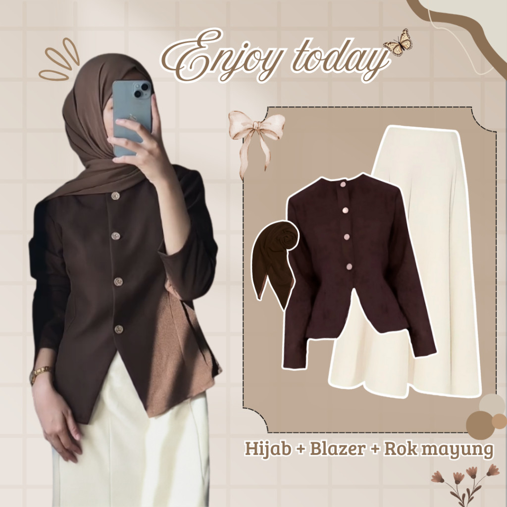 YONA.ID Set Hijab Wanita 3 in 1 Korean Fashion | Blazer Ailee Coklat Mahogany Premium + Rok Joda Ivo