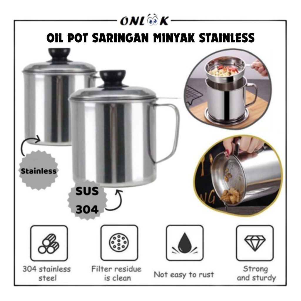 BintangOfc - Wadah Saringan Minyak Stainless 1L /Oil Pot With Strainer Gelas Penyaring