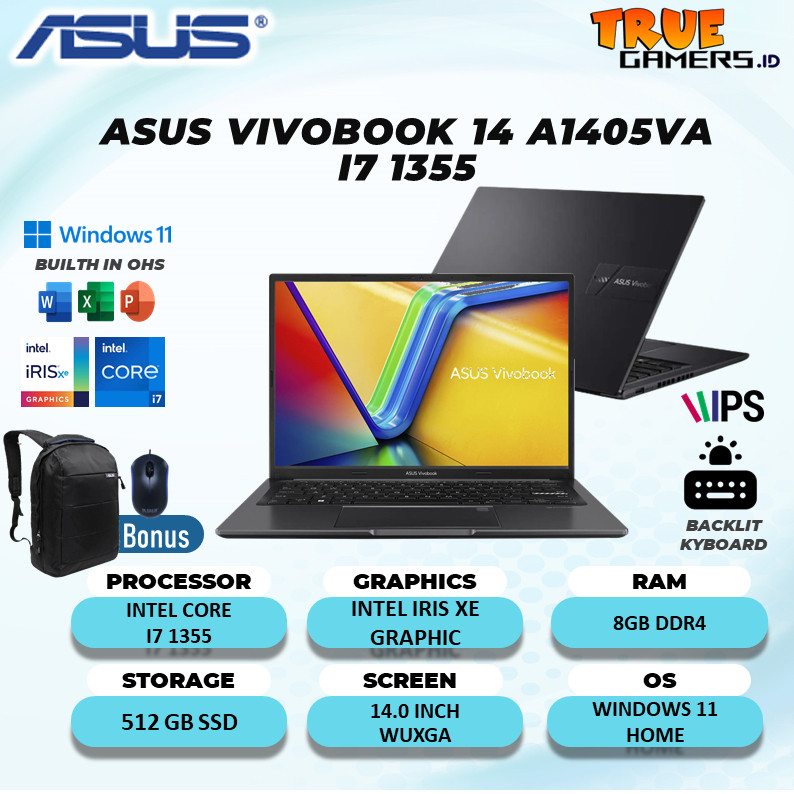 Laptop Asus Vivobook 14 A1405VA I7 1355 8GB 512GB Win11+OHS 14.0WUXGA