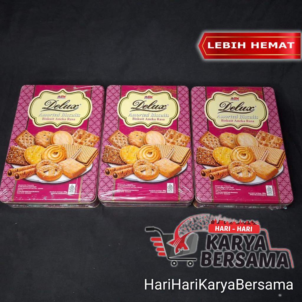 MAKANAN RINGAN BISKUIT KALENG LEBARAN ASW FOODS DELUX ASSORTED BISCUITS PER PACK ISI 3'S X 600GR