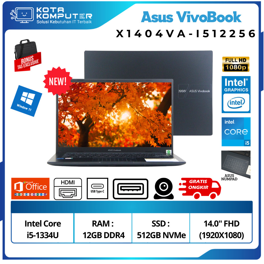 Asus VivoBook X1404VA-I512256 Core i5 Gen13 Ram 12GB SSD 512GB Win11 iRIS 14"