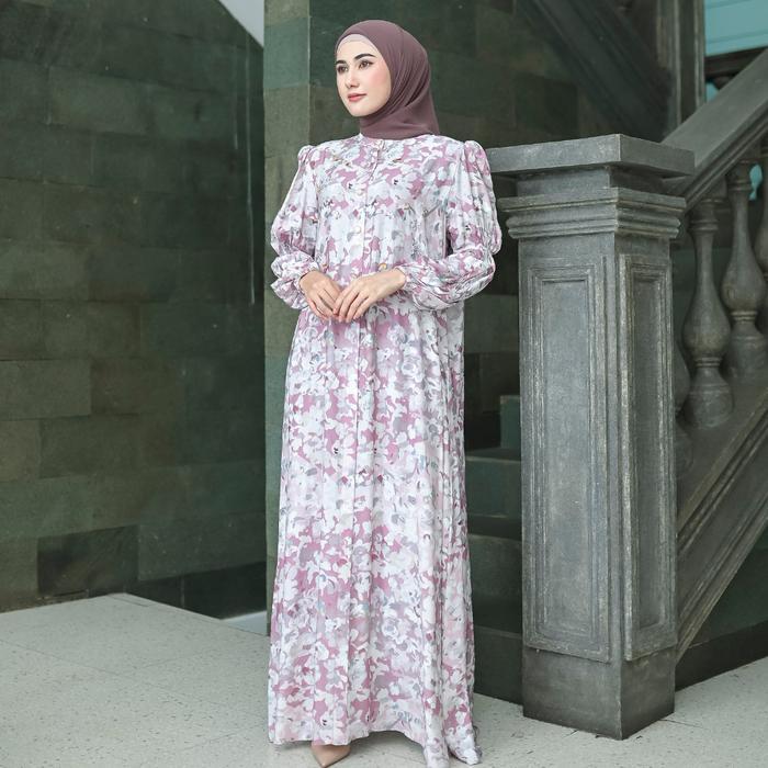 Aisyalina Id Harissa Dress Series Bahan Linen Crespo Motif Printing Terbaru - Berry, Gamis Harissa [