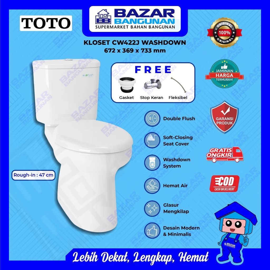 Toto - Closet Kloset Toilet Duduk WC CW422J CW 422 J 422J Two Piece Dual Flush Wash Down AS 47 CM