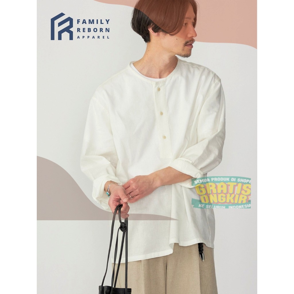 FR SAHARA • Kemeja Loose Linen Kasual • Atasan Linen Pria Putih Lengan Panjang • Kemeja Linen Ramipa