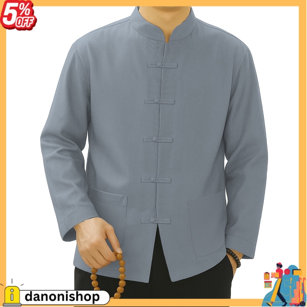 NEW Baju Koko Pria Muslim CHEONGSAM Ip Man Bahan Katun Adem Nyaman Lengan Panjang Ukuran M L XL XXL 