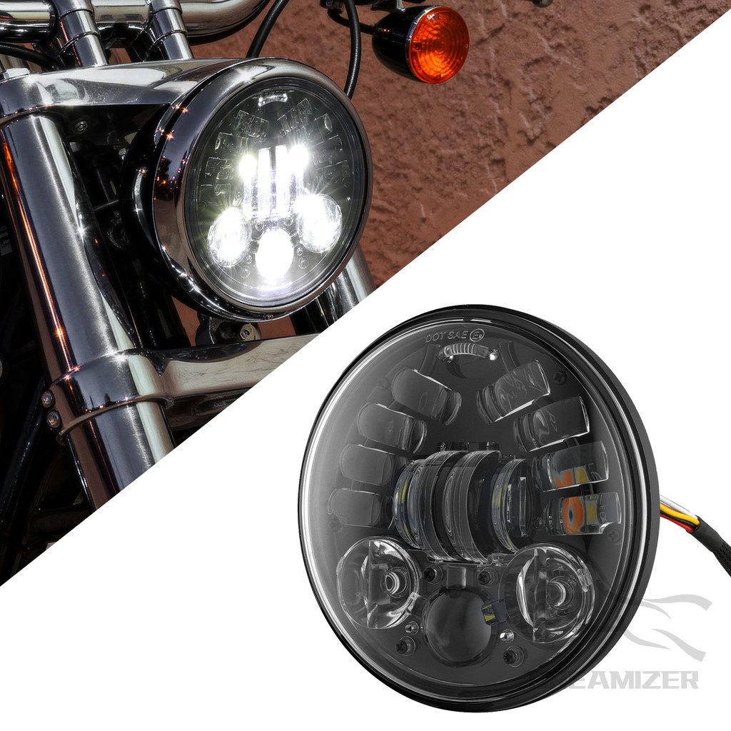 Lampu Depan LED Bulat Hitam 5,75 Inci DRL Sepeda Motor Untuk Harley Dyna Sportster Lampu Depan Proye