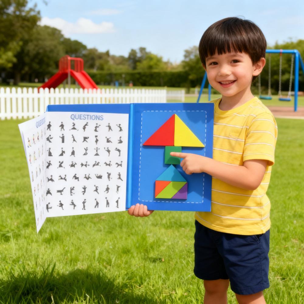 Magnetic Wooden Tangram Puzzle Book Montessori Shape Learning Game for Kids Travel Brain Teaser Gift