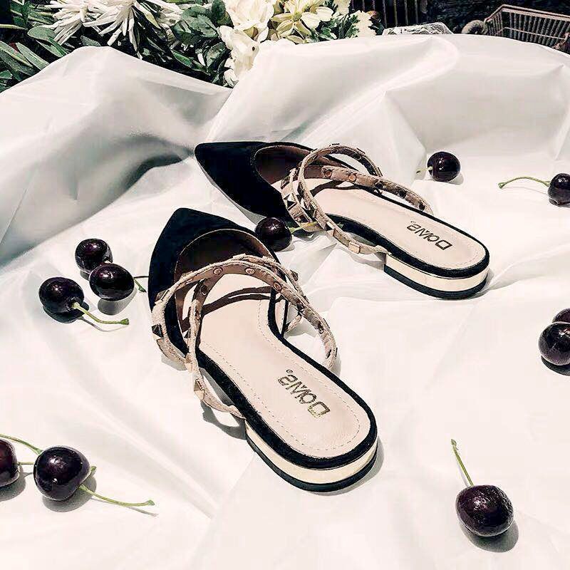 [COD]Sepatu mules berujung runcing, sandal bertabur hak rendah, sepatu mules hak rendah