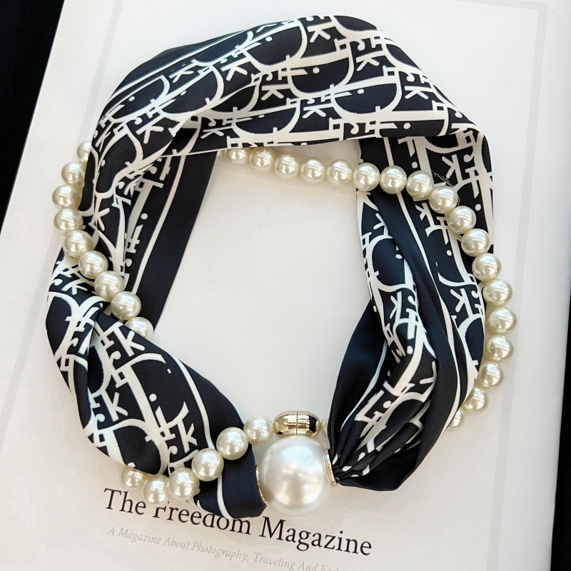 Kalung mutiara dengan pengait magnet, syal sutra panjang kecil, syal kain kasa wanita, syal tipis.