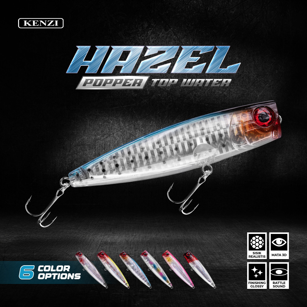 LURE KENZI HAZEL 105mm 21.3gr - POPPER TOP WATER with TREBLE HOOK size 4 Umpan Pancing Gabus GT Bara
