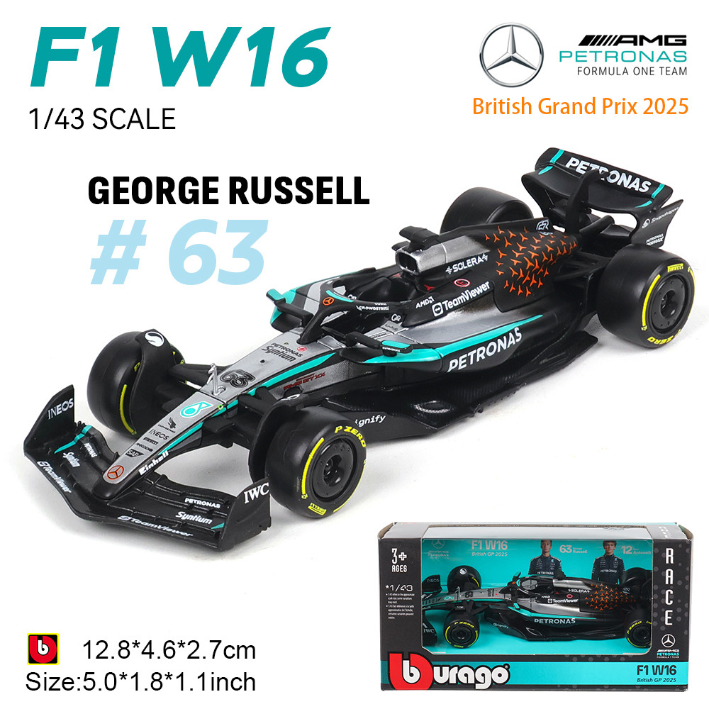 Bburago 1:43 F1 Mercedes-AMG 2025 British Grand Prix W16 #63 Russell #12 Kimi Alloy Car Die Cast Mod