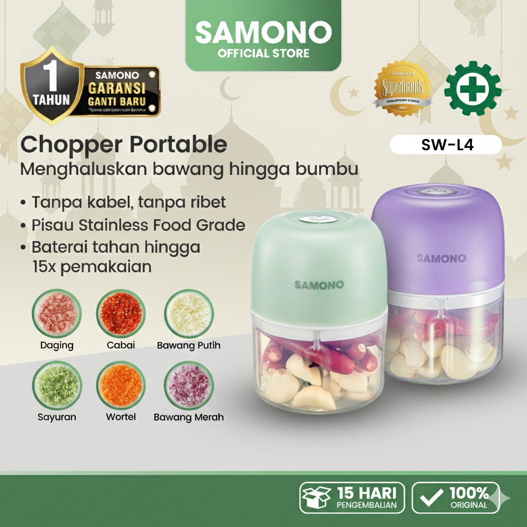 SAMONO Mini Chopper Electric SW-L4 250ML Penggiling Bumbu Dapur Portable Cordless Tanpa Kabel Cas US
