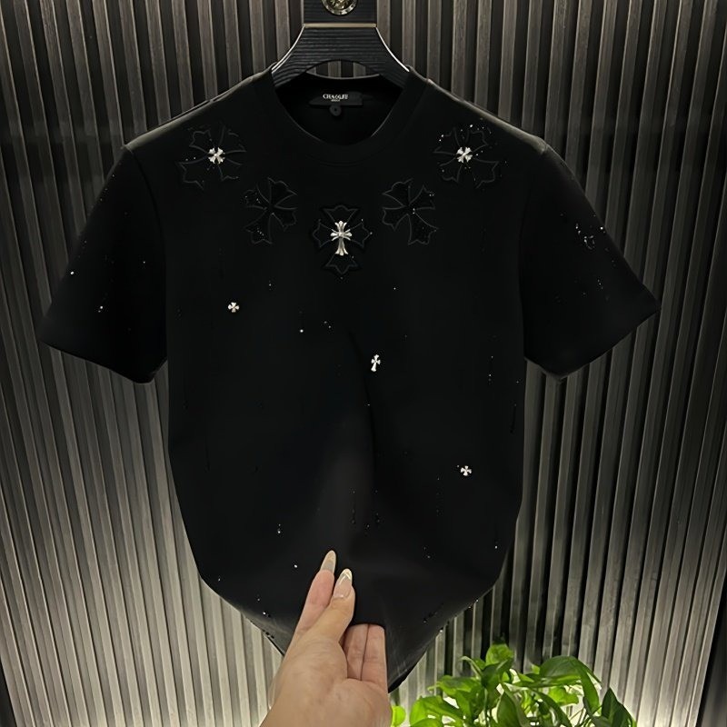 Kemeja pria merah berkualitas tinggi dengan hiasan batu permata silang T Baju Kaos Kaos lengan pende