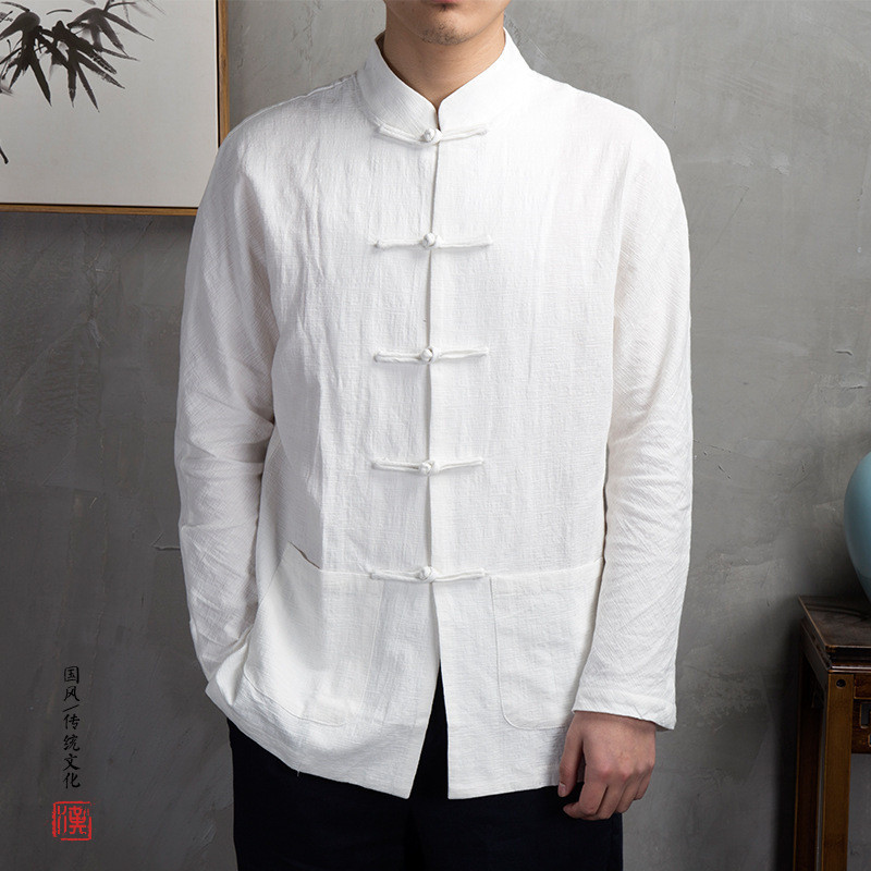 Kemeja linen berkancing gaya Cina untuk pria, model longgar lengan panjang dari katun-linen, kemeja 