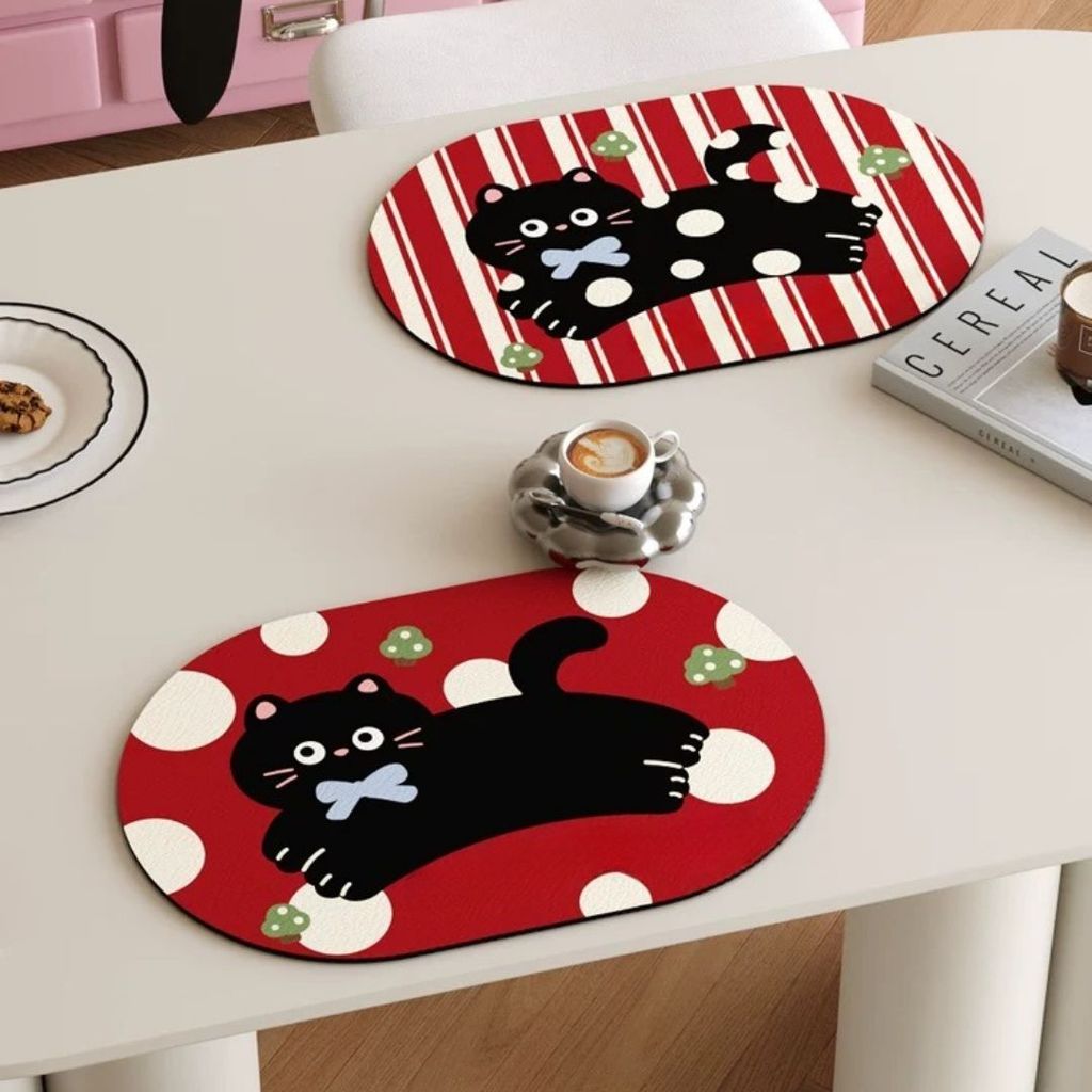 Eulala Tatakan Piring Placemat PVC Kucing Hitam Polkadot Lucu Custom Ukuran