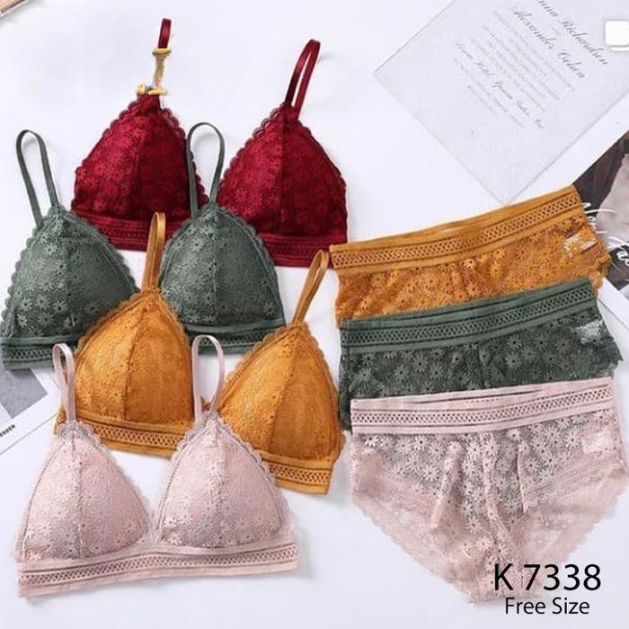 Bra Set Tanpa Kawat Busa Tipis Bahan Brokat CUP A - B Kait 2 Bra Transparan BH 7338 Sarwendah