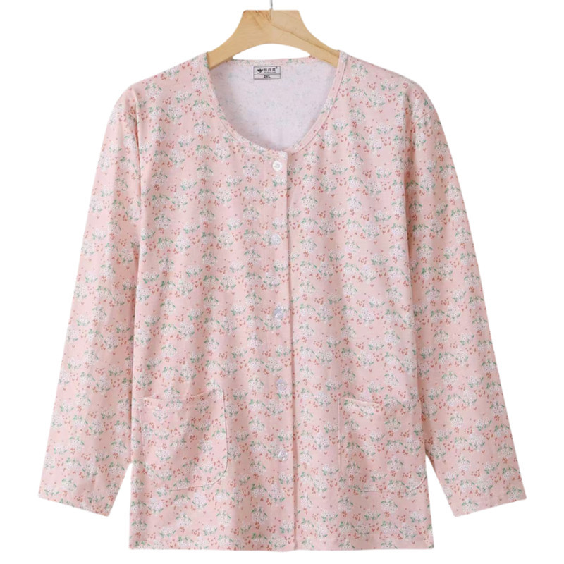 Set Piyama Katun Murni Lengan Panjang Cardigan Ibu Paruh Baya Motif Bunga Plus Size