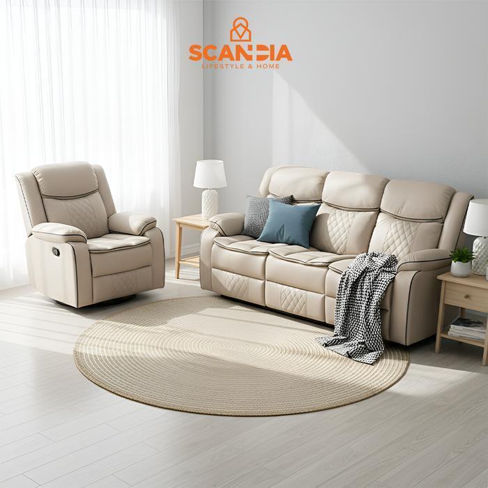 SCANDIA Sofa Recliner 3 + 1 Seater Dahlberg W/ Drop Down Table - Light Brown