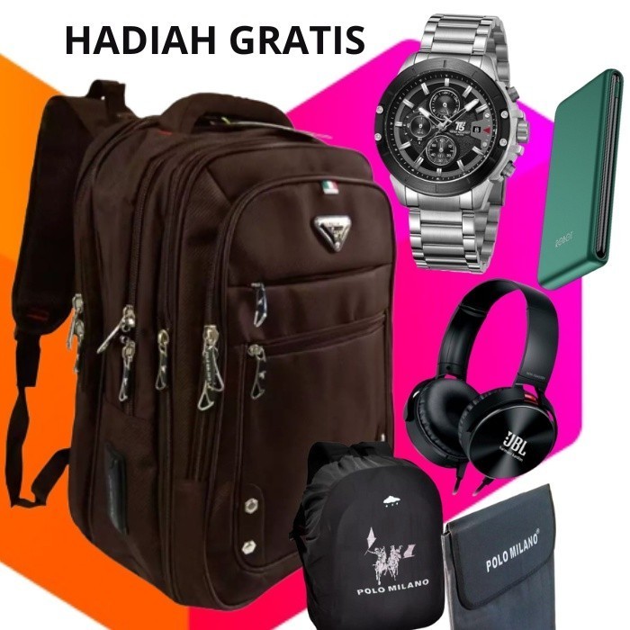 ( HADIAH GRATIS ) POLO MILANO 20 inch Ransel Kerja Tas sekolah Kunci Usb Port 0RIGINAL Tas Polo Pria