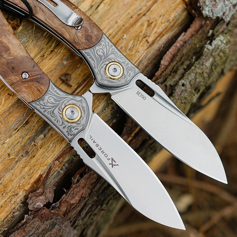 M390 Powdered Steel Pocket Folng  Maple Wood Engraved Steel Head Outdoor  Survival Pocket Clip EDC T