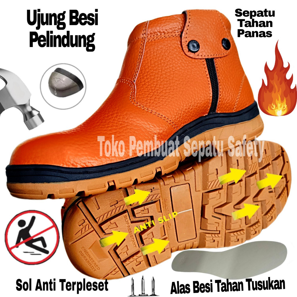 1G Sepatu Safety RisletingTTahan Paku Kulit Sapi Asli Tahan Bakar Ujung Besi Keselamatan Kerja Pabri