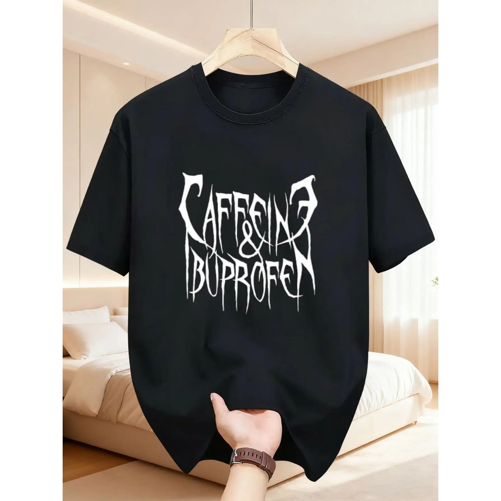 Kaos Hitam Pria dengan Cetakan Kafein & Ibuprofen, Katun Murni, Ramah Kulit dan Serbaguna, Kaos Sant