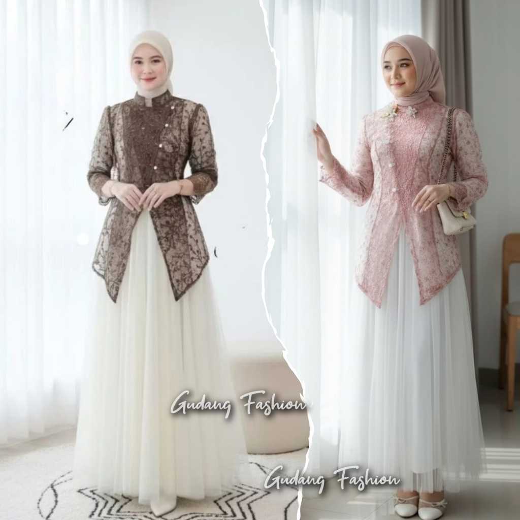 Baju Atasan Azrina  Outer Iner & Rok Tutu - Baju Lebaran 2026 - Dress Kondangan - Gamis Brokat Murah