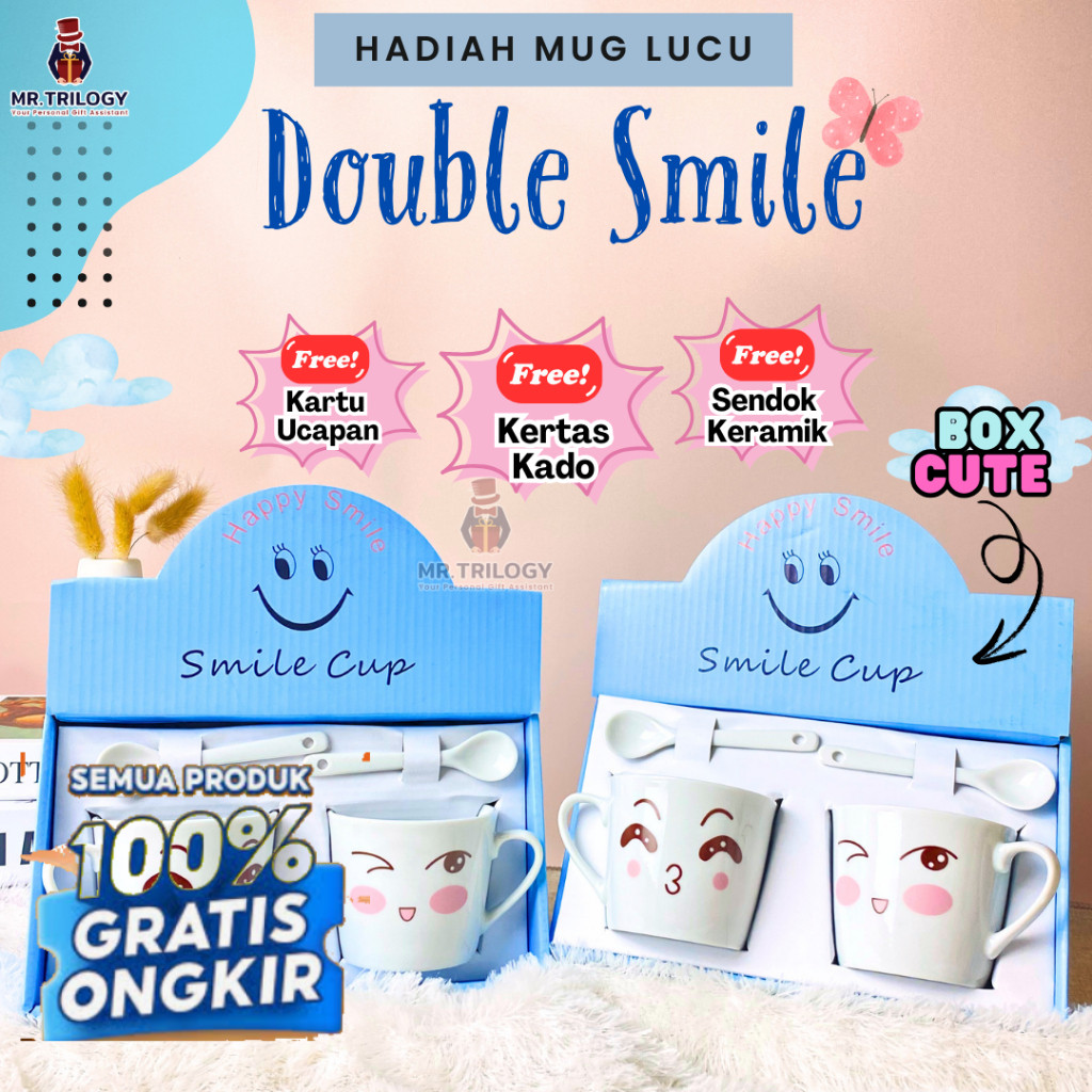 Hampers Gelas Kopi Keramik Free Sendok Double Smile Mug Souvenir Cangkir Kopi Kado Lucu Hampers Ori/