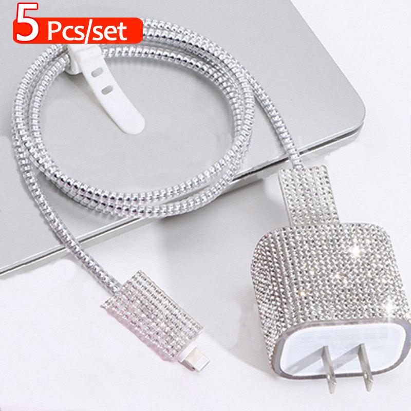 5 in 1 Charger Protective Case for iPhone 18W/20W USB C Charger Sparkling Rhinestone Charger Protect