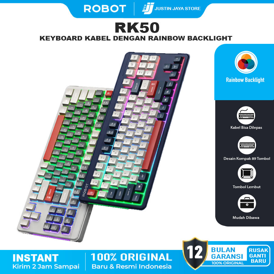 ROBOT Wired Keyboard Kabel Rainbow Backlight Type-C 89 Tombol Kompak Lembut Senyap Ergonomic Design 
