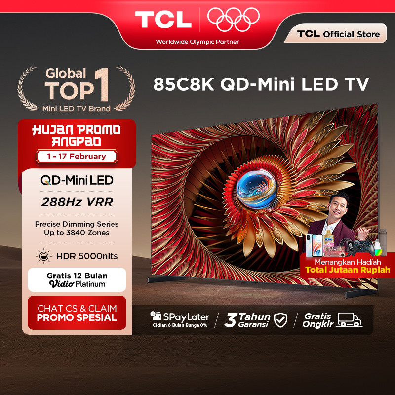 TCL 4K QD-Mini LED 85 Inch C8K - up to 3840 Dimming Zone - 5000 Nits - 288Hz VRR - Google Assistant/