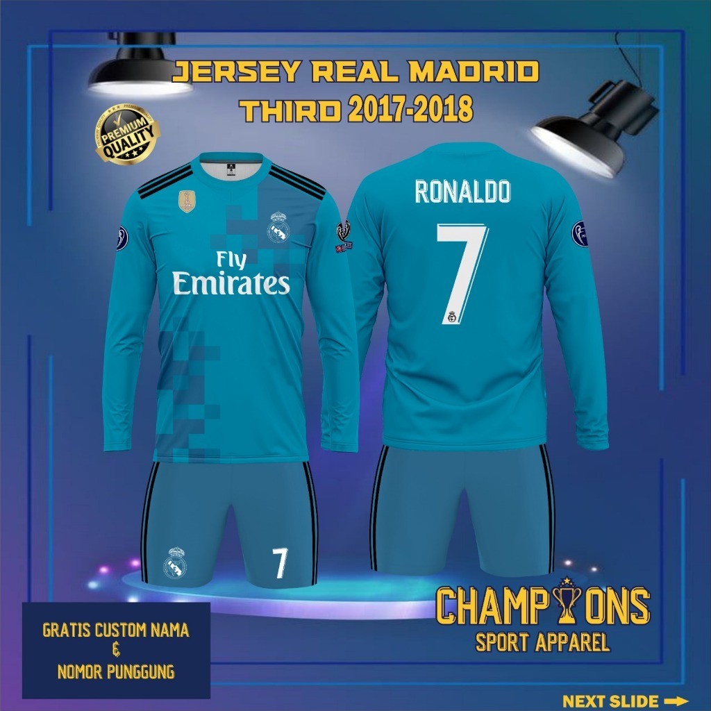 Jersey Sepak bola custom REAL MADRID THIRD 2017-2018 Lengan Panjang – Full Printing Dryfit Milano | 