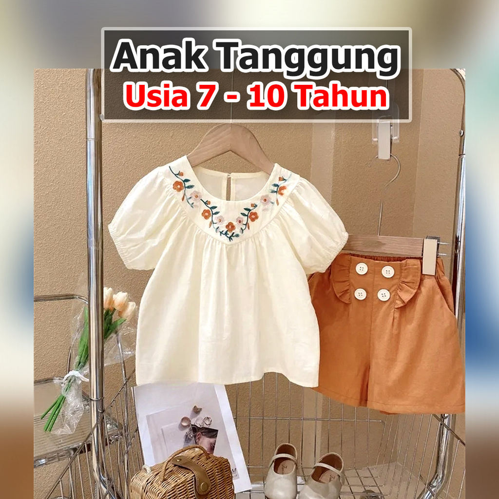 [363642] - Setelan Blouse Celana Pendek Chino Anak Perempuan - Motif Collar Flower - Pakaian Cewek R