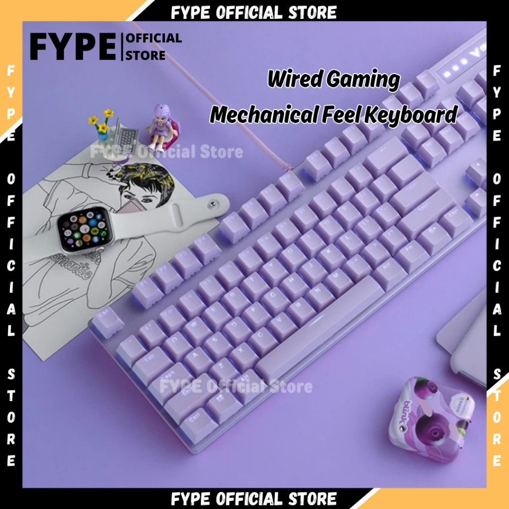 FYPE Gaming Keyboard Mechanical Feel Pink Ungu Girl Cute LED backlight Portable gamen Mekanikal keyb
