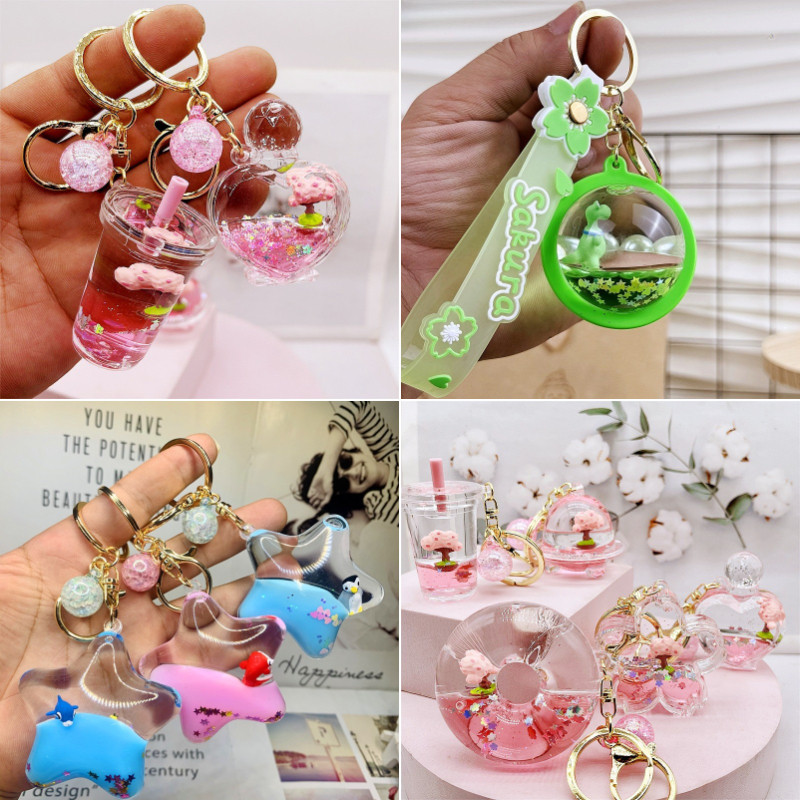 Ready-Gantungan Kunci Botol Pasir Cair Akrilik - Pohon Sakura/Dinosaurus Jurassic/Hewan Laut