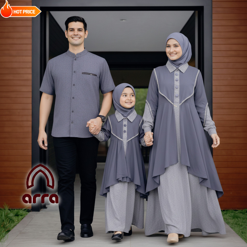 Sarimbit Keluarga Dhuha Abu Abu - Baju Lebaran Gamis Koko Jaguart Tenun Premium Kekinian Terbaru
