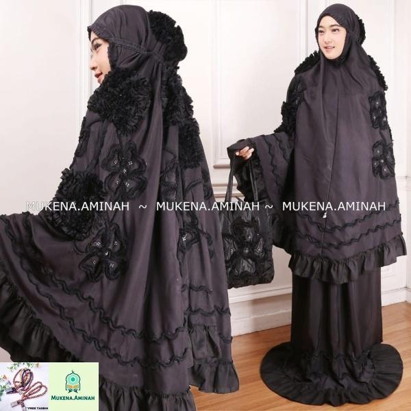 MUKENA.AMINAH MUKENA DEWASA GHAISANI MOTIF BUNGA TIMBUL Atasan Katun - HITAM