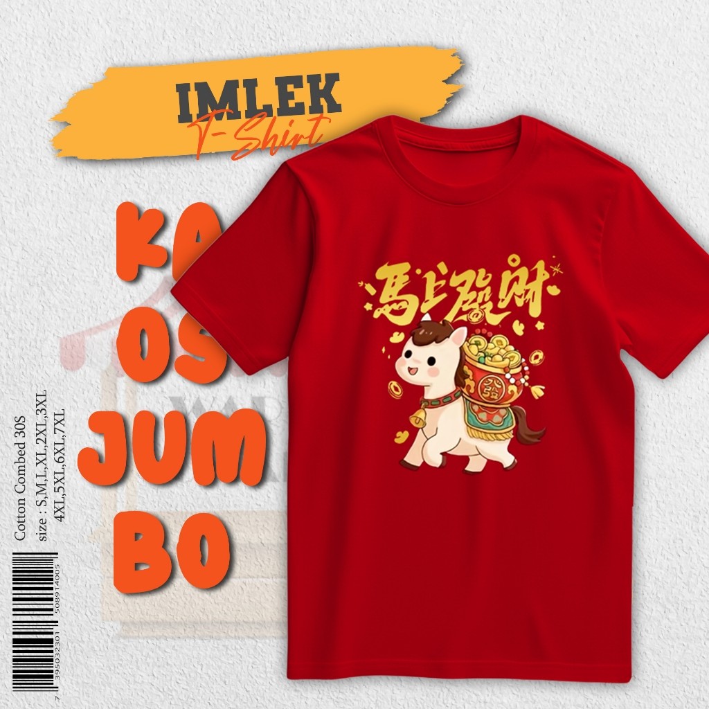 Kaos Baju Imlek Pria Wanita  Warna Merah 2026 Kuda Lengan Pendek Bahan Katun