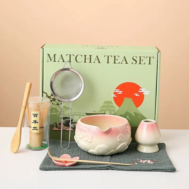 4/6/8PCS Embossed Sakura Mata Set, Japanese Tea Set, With Spouted Mata Bowls, Tea Whisks, And Tea Ce