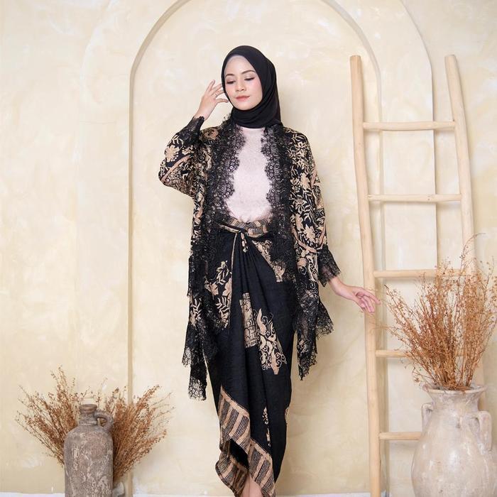 [PROMO RAMADHAN]Yasmine Outer Batik Viscose Set (Outer & Rok Lilit) - Hitam Motif Sogan, Oneset- Vis